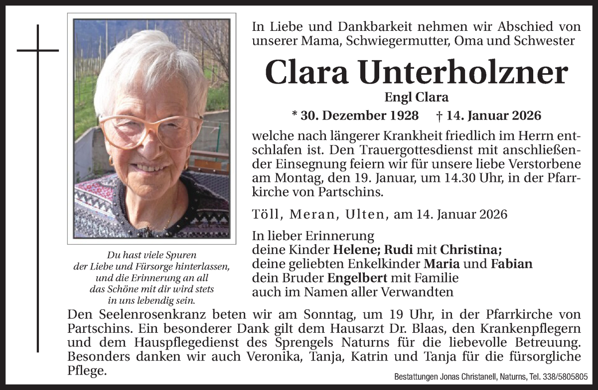  Traueranzeige für Clara Unterholzner vom 17.01.2026 aus Dolomiten