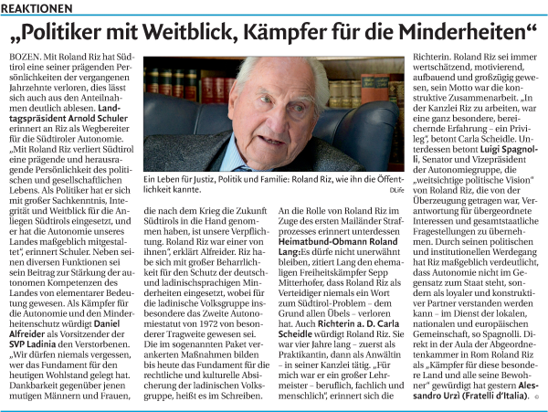 Traueranzeige von Roland Riz von Dolomiten