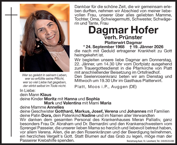 Traueranzeige von Dagmar Prünster von Dolomiten