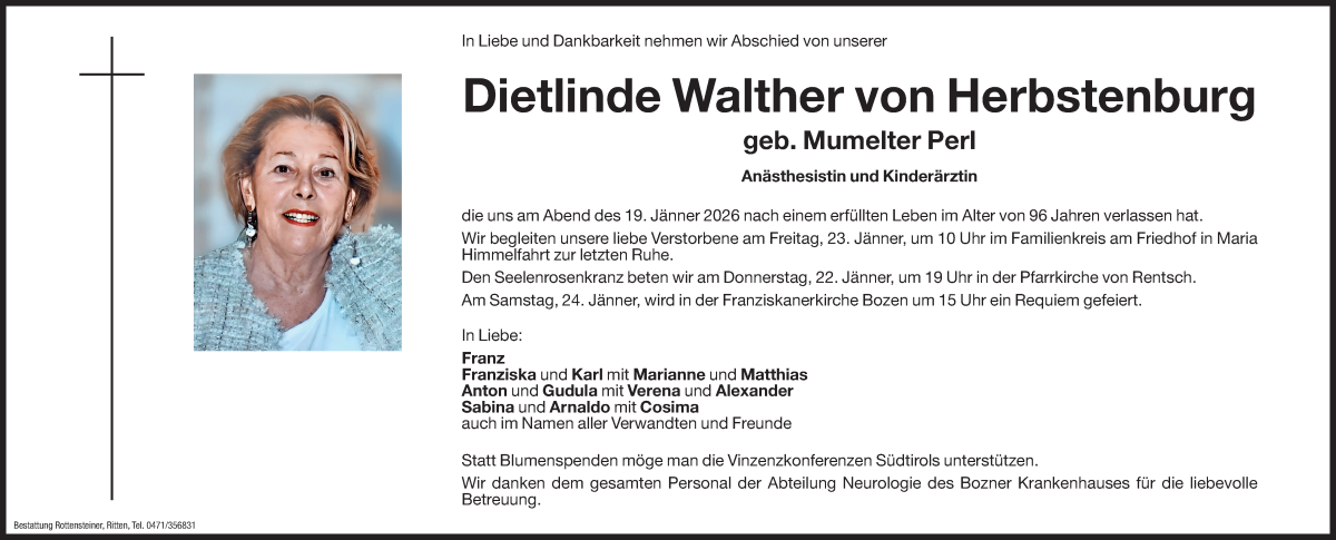  Traueranzeige für Dietlinde Walther von Herbstenburg vom 22.01.2026 aus Dolomiten