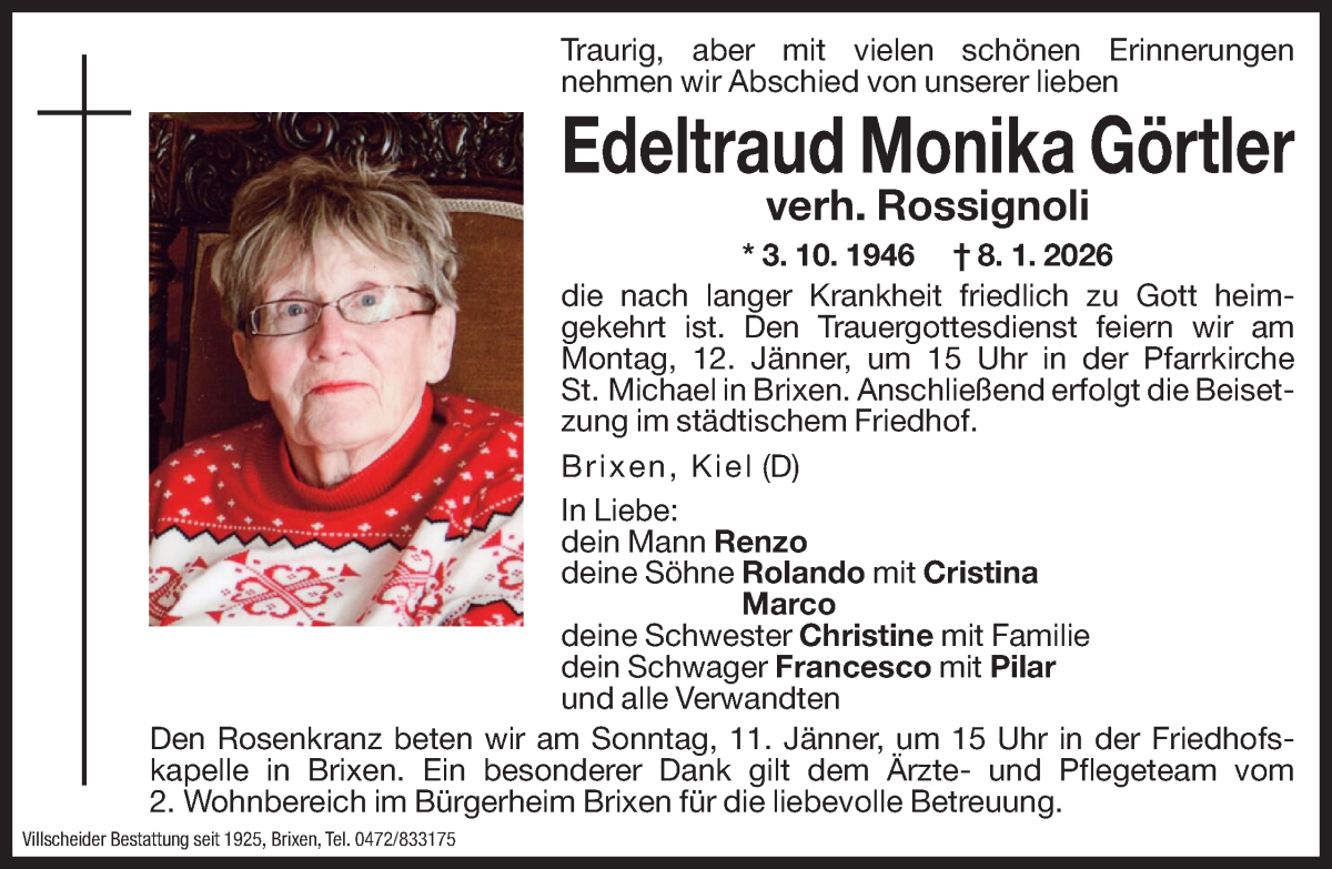  Traueranzeige für Edeltraud Monika Rossignoli vom 10.01.2026 aus Dolomiten