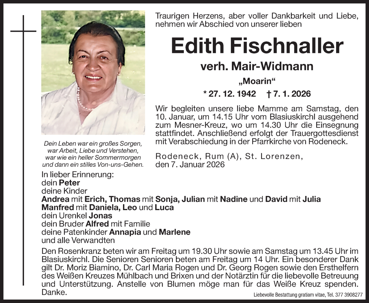  Traueranzeige für Edith Mair-Widmann vom 08.01.2026 aus Dolomiten