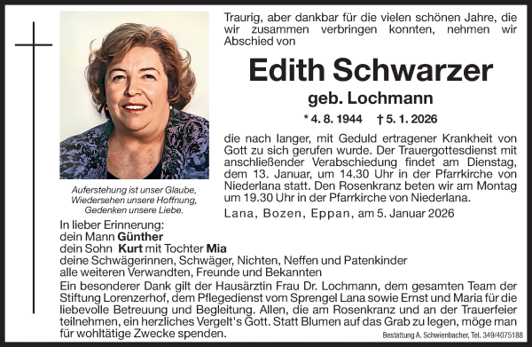 Traueranzeige von Edith Schwarzer von Dolomiten