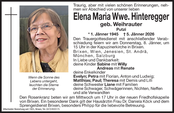 Traueranzeige von Elena Maria Hinteregger von Dolomiten