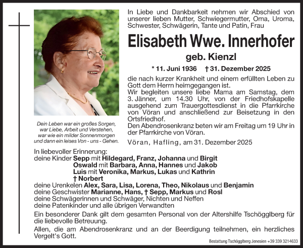 Traueranzeige von Elisabeth Innerhofer von Dolomiten