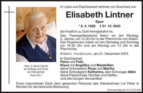 Traueranzeige von Elisabeth Lintner von Dolomiten