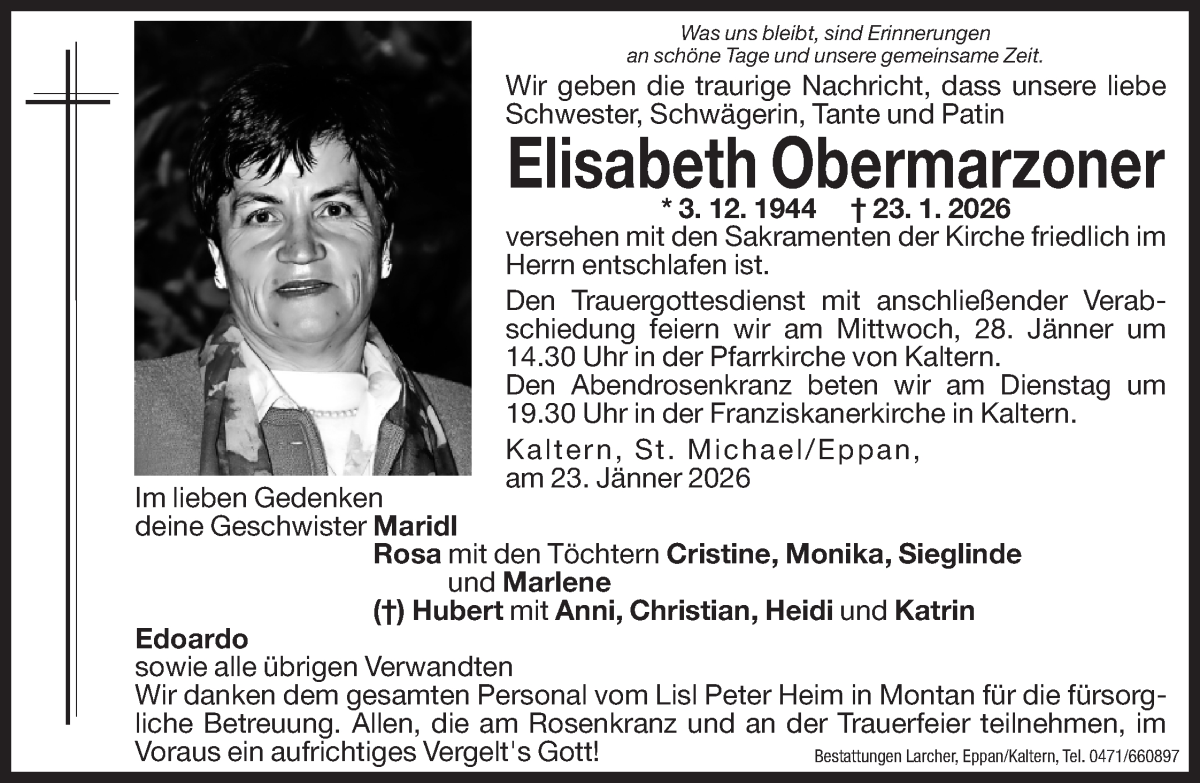  Traueranzeige für Elisabeth Obermarzoner vom 26.01.2026 aus Dolomiten