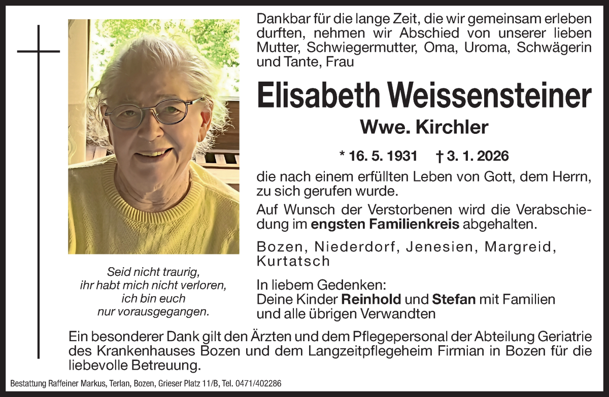  Traueranzeige für Elisabeth Weissensteiner vom 05.01.2026 aus Dolomiten