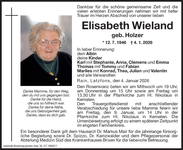 Traueranzeige von Elisabeth Wieland von Dolomiten
