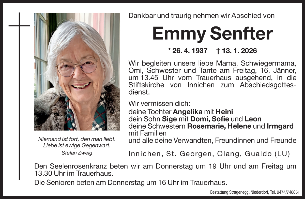  Traueranzeige für Emmy Senfter vom 15.01.2026 aus Dolomiten
