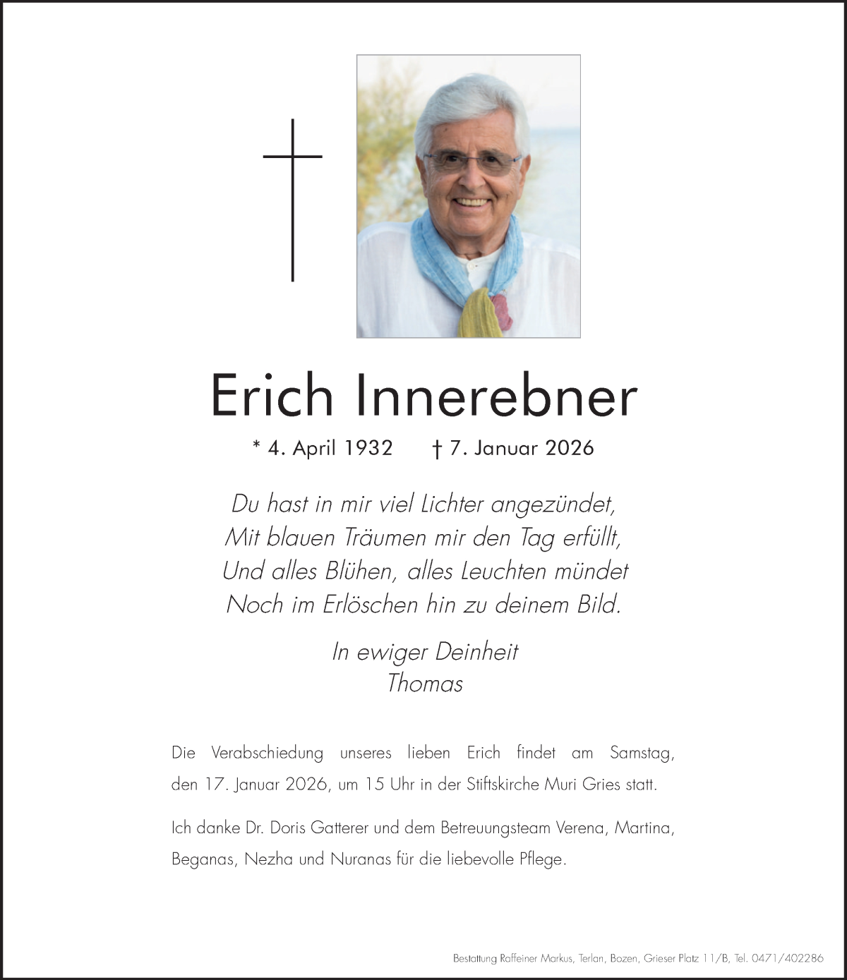  Traueranzeige für Erich Innerebner vom 09.01.2026 aus Dolomiten