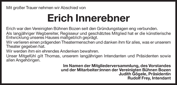 Traueranzeige von Erich Innerebner von Dolomiten