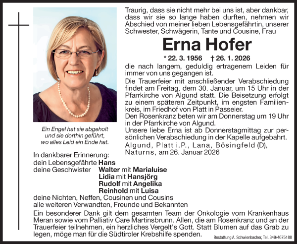 Traueranzeige von Erna Hofer von Dolomiten