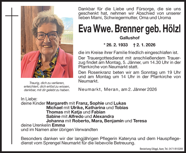 Traueranzeige von Eva Brenner von Dolomiten