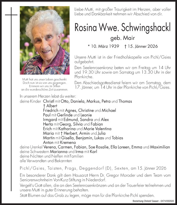 Traueranzeige von Rosina Schwingshackl von Dolomiten