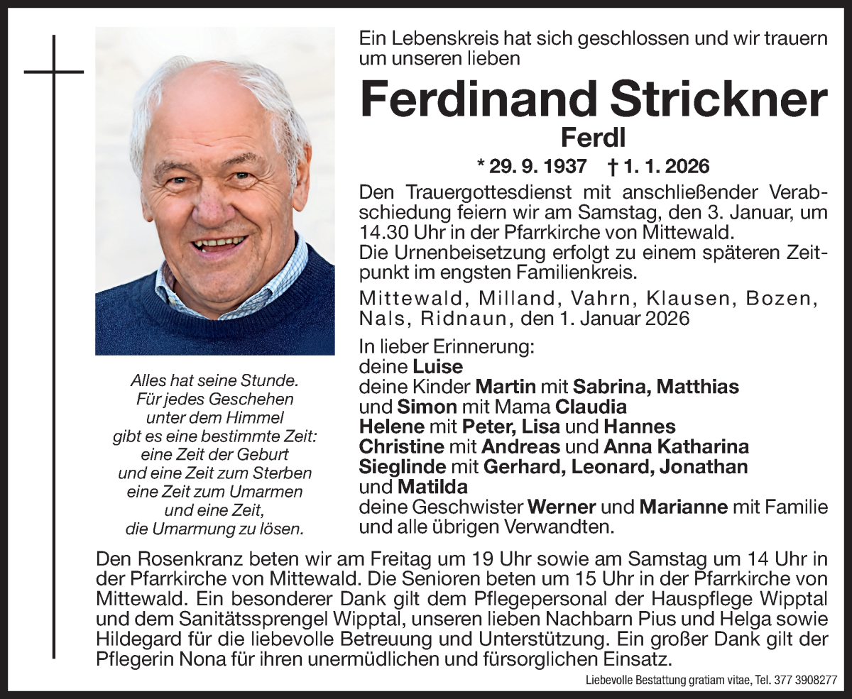  Traueranzeige für Ferdinand Strickner vom 03.01.2026 aus Dolomiten
