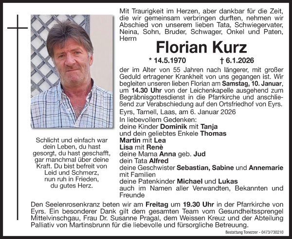 Traueranzeige von Florian Kurz von Dolomiten