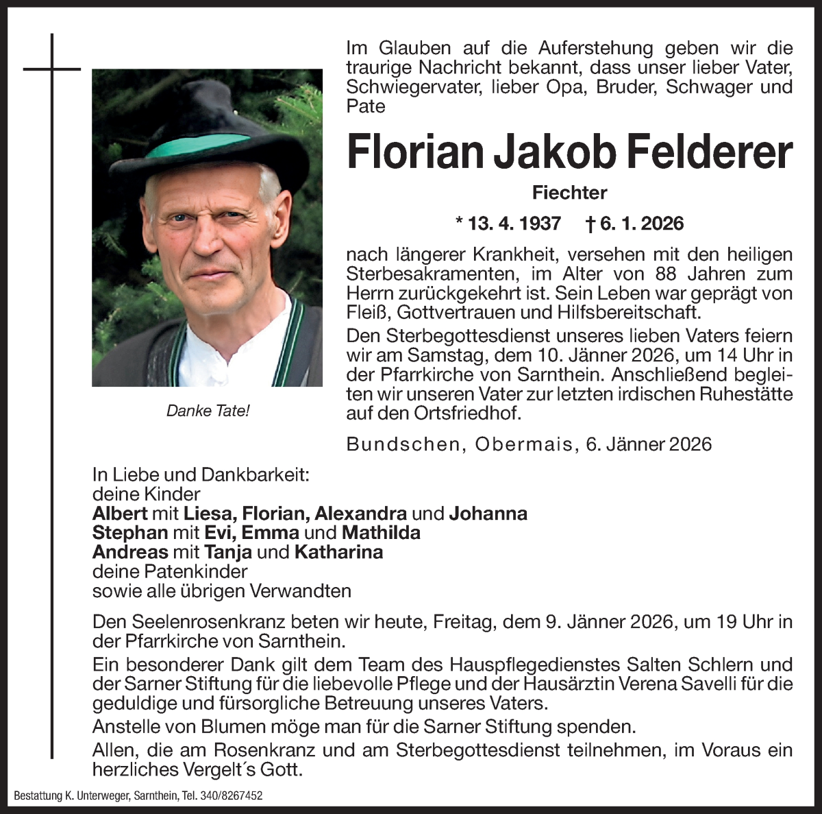  Traueranzeige für Florian Jakob Felderer vom 09.01.2026 aus Dolomiten