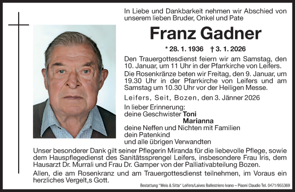 Traueranzeige von Franz Gadner von Dolomiten