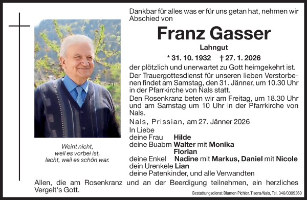 Traueranzeige von Franz Gasser von Dolomiten