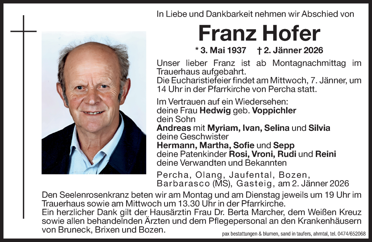  Traueranzeige für Franz Hofer vom 05.01.2026 aus Dolomiten