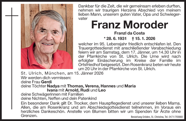 Traueranzeige von Franz Moroder von Dolomiten
