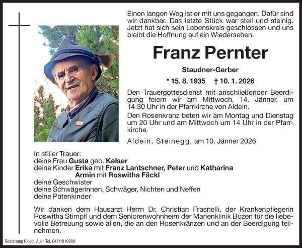 Traueranzeige von Franz Pernter von Dolomiten
