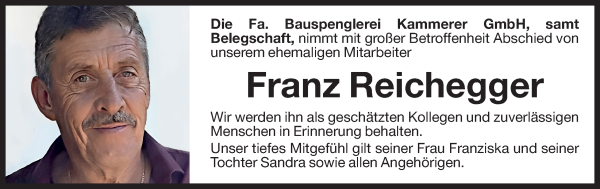 Traueranzeige von Franz Reichegger von Dolomiten
