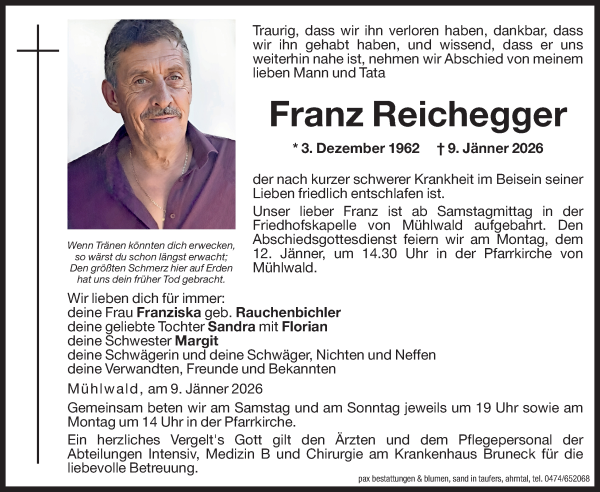 Traueranzeige von Franz Reichegger von Dolomiten