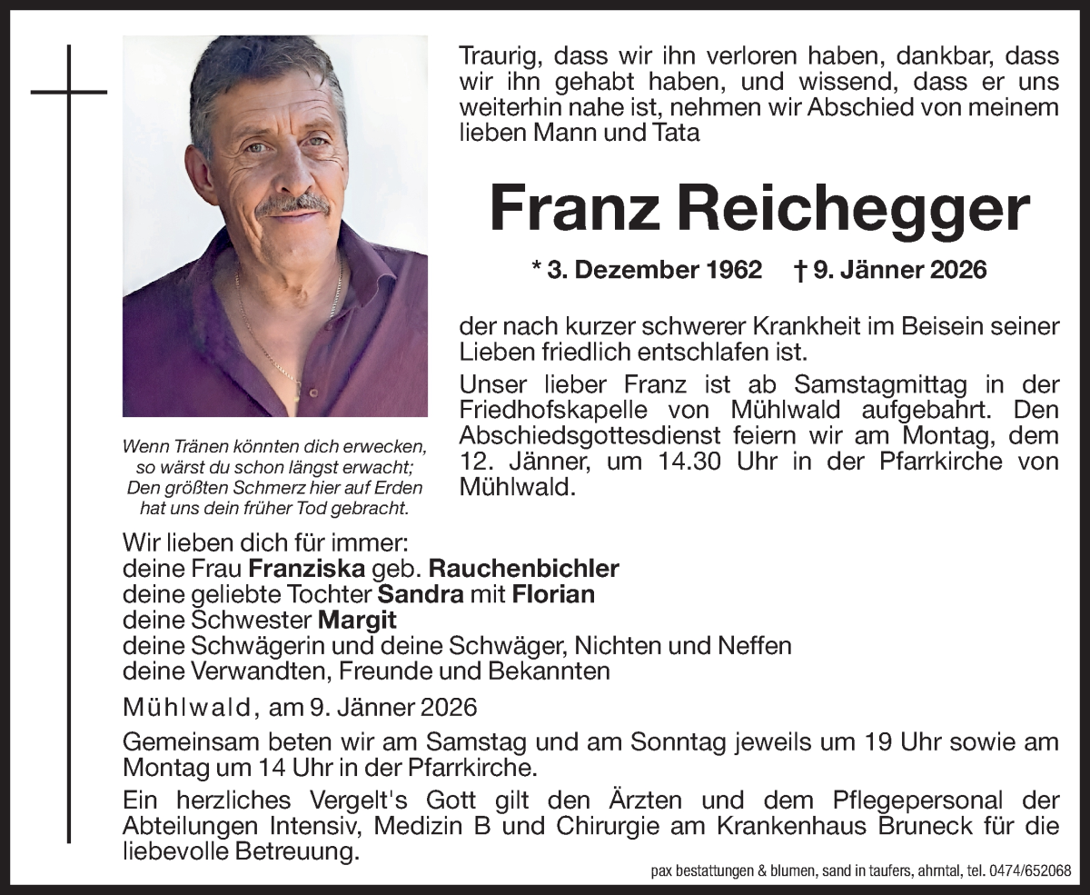  Traueranzeige für Franz Reichegger vom 10.01.2026 aus Dolomiten