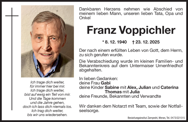 Traueranzeige von Franz Voppichler von Dolomiten