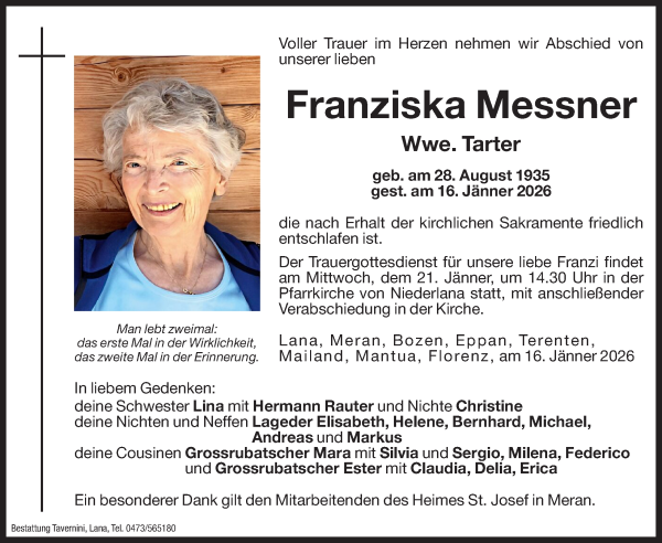 Traueranzeige von Franziska Tarter von Dolomiten