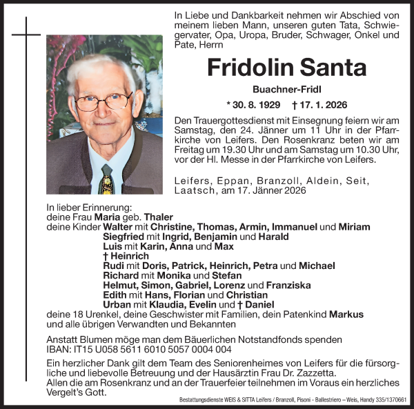 Traueranzeige von Fridolin Santa von Dolomiten