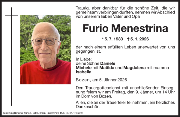 Traueranzeige von Furio Menestrina von Dolomiten
