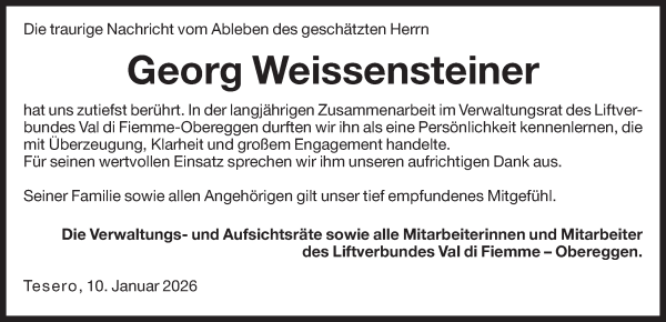 Traueranzeige von Georg Weissensteiner von Dolomiten
