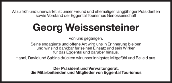 Traueranzeige von Georg Weissensteiner von Dolomiten
