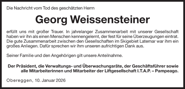 Traueranzeige von Georg Weissensteiner von Dolomiten