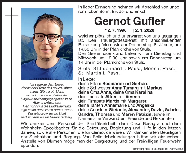Traueranzeige von Gernot Gufler von Dolomiten
