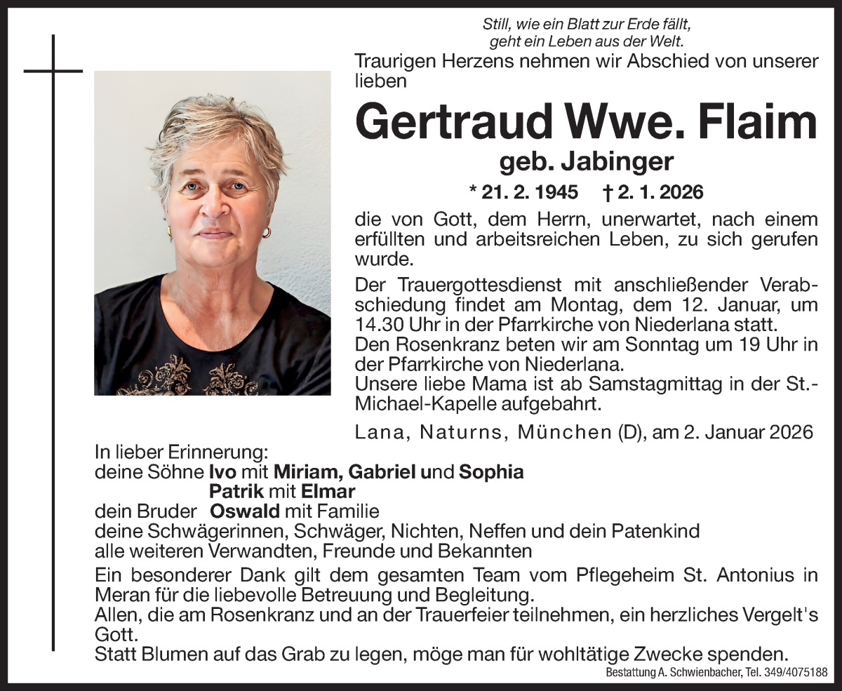  Traueranzeige für Gertraud Flaim vom 09.01.2026 aus Dolomiten