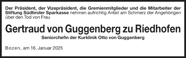 Traueranzeige von Gertraud von Guggenberg zu Riedhofen von Dolomiten