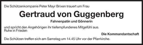 Traueranzeige von Gertraud von Guggenberg zu Riedhofen von Dolomiten