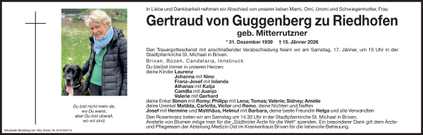 Traueranzeige von Gertraud von Guggenberg zu Riedhofen von Dolomiten