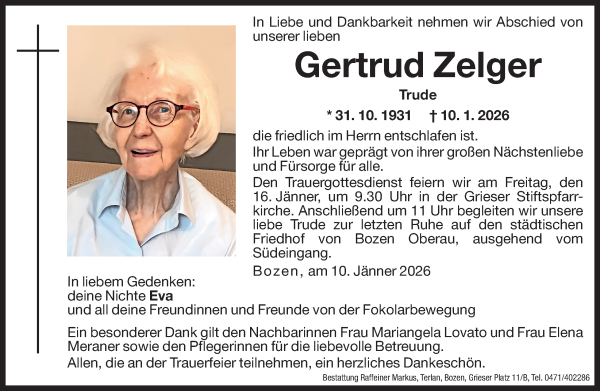 Traueranzeige von Gertrud Zelger von Dolomiten