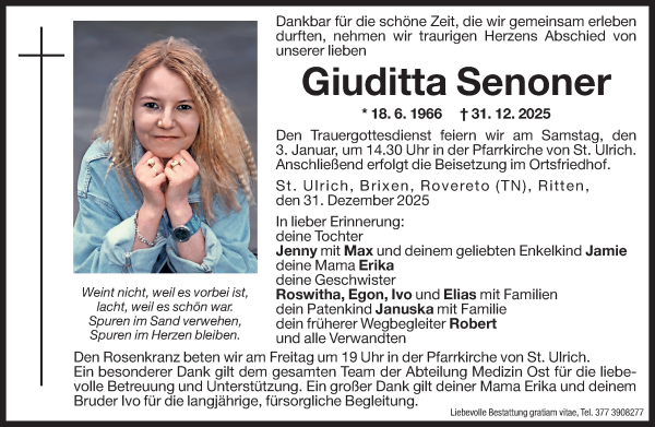 Traueranzeige von Giuditta Senoner von Dolomiten