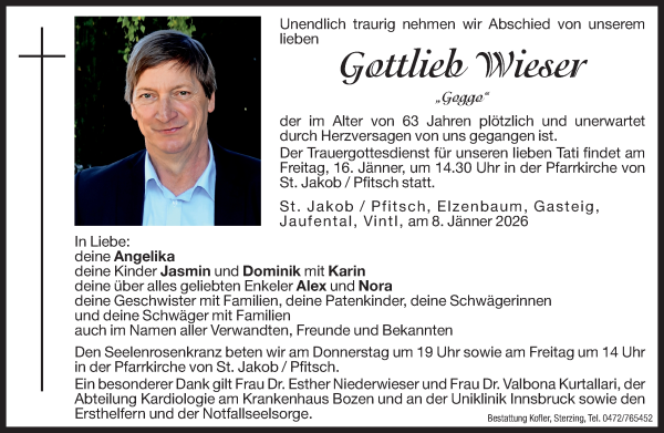 Traueranzeige von Gottlieb Wieser von Dolomiten