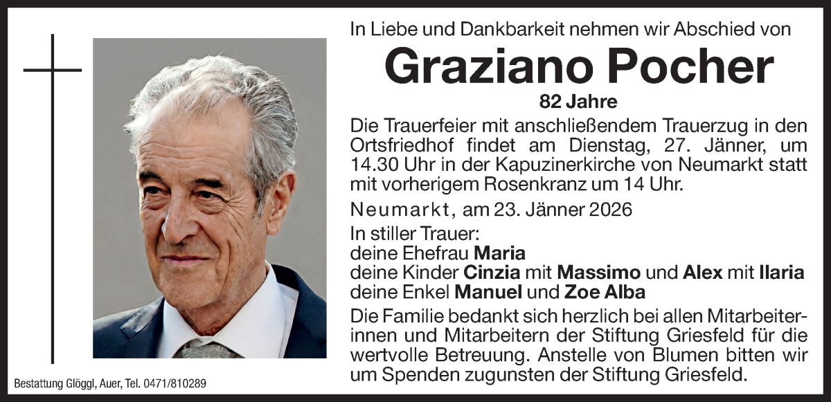  Traueranzeige für Graziano Pocher vom 24.01.2026 aus Dolomiten