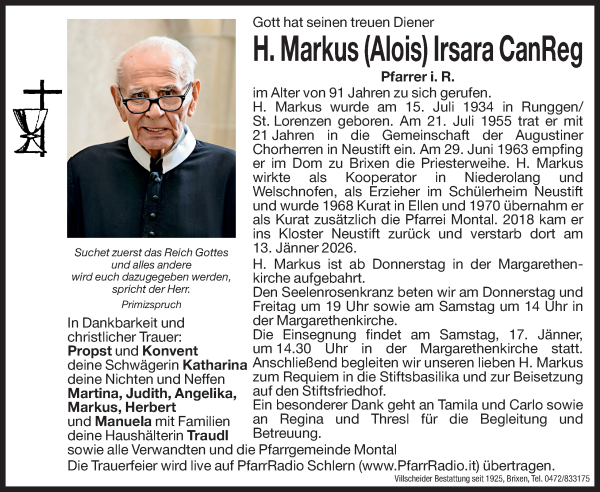 Traueranzeige von H. Markus Irsara CanReg von Dolomiten