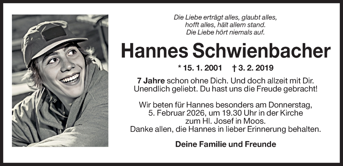  Traueranzeige für Hannes Schwienbacher vom 30.01.2026 aus Dolomiten