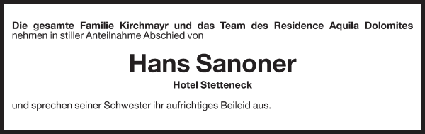 Traueranzeige von J. Hans Sanoner von Dolomiten