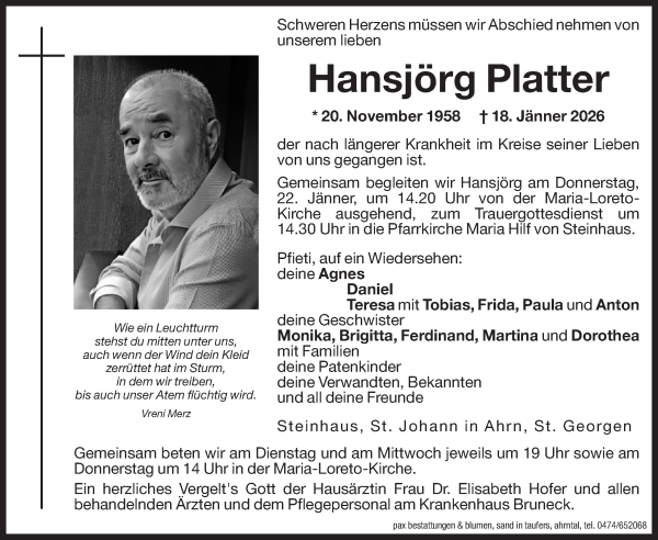 Traueranzeige von Hansjörg Platter von Dolomiten